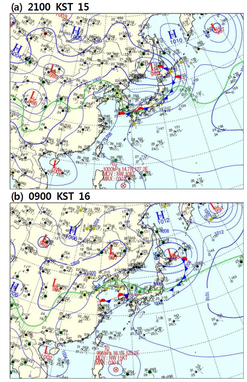 Surface weather charts for (a) 2100 KST 15, and (b) 0900 KST 16 July 2009.