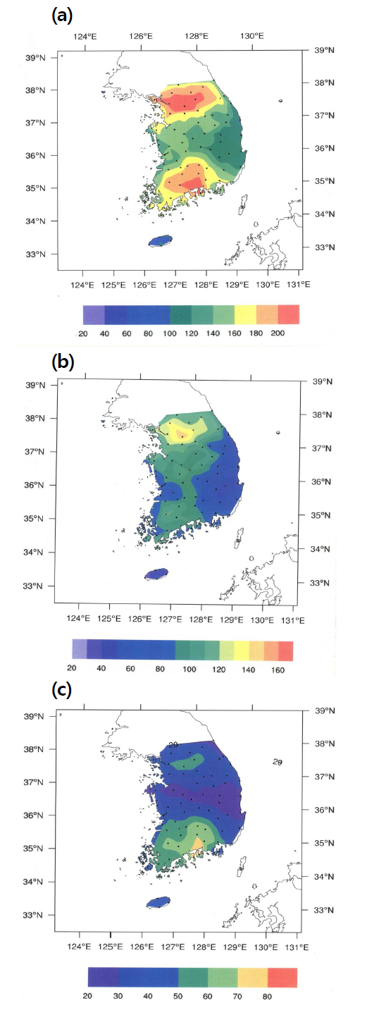 Mean annual precipitation (mm) associated with (a) cloud clusters, (b) CCML, and (c) CCMT during 2001-2010.