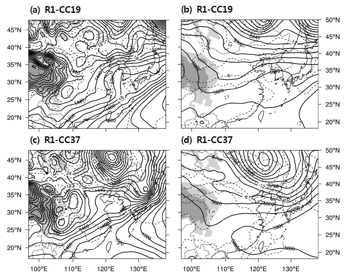 Geopotential height (m, solid lines) and temperature (℃, dashed lines) at 850 hPa (left panels) and 500 hPa (right panels) for (a, b) 0300 KST 25 June 2005 (R1-CC19) and (c, d) 0300 KST 8 July 2009 (R1-CC37).