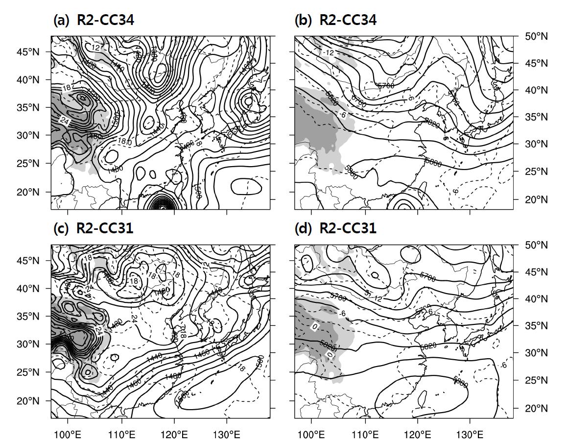 Same as Fig. 3.2.18 except for (a, b) 0900 KST 21 August 2008 (R2-CC34) and (c, d) 2100 KST 20 June 2008 (R2-CC31).