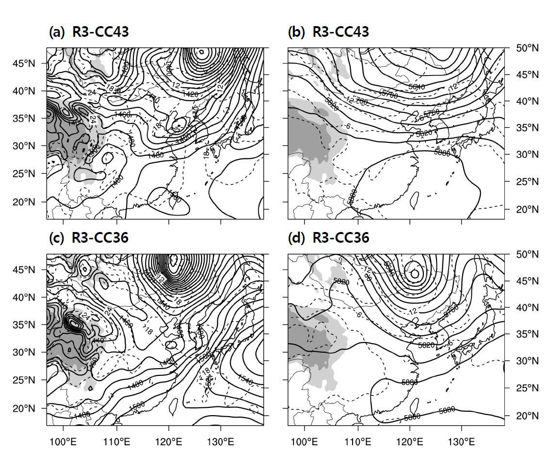 Same as Fig. 3.2.18 except for (a, b) 2100 KST 26 August 2009 (R3-CC43) and (c, d) 0300 KST 7 July 2009 (R3-CC36).