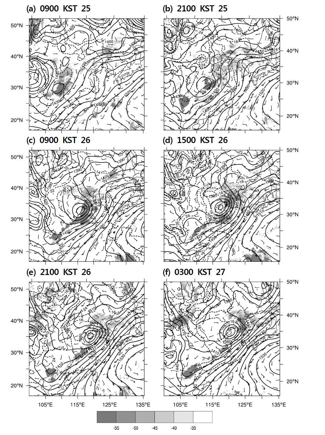 The 850-hPa constant pressure charts: height (m, solid lines) and temperature (℃, dashed lines) during 0900 KST 25 – 0300 KST 27 June 2005 (R1-CC19).