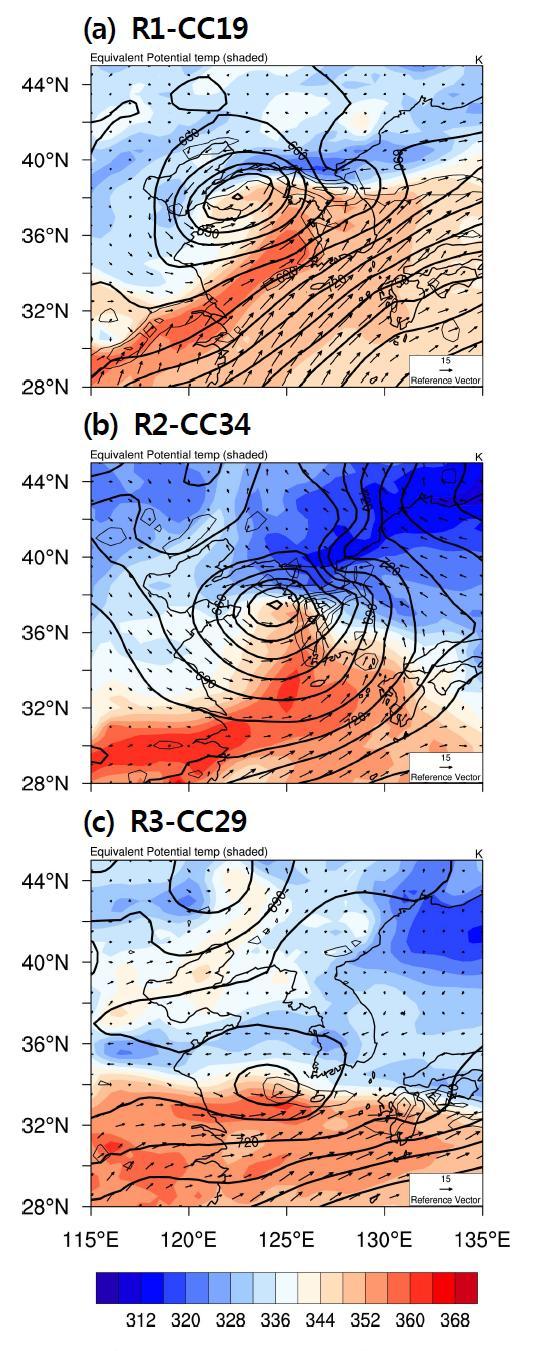 Geopotential height (m, heavy solid lines), wind vector (m s-1),and equivalent potential temperature (K, shaded) at 925 hPa for (a) 0300 KST 27 June 2005 (R1-CC19), (b) 0900 KST 22 August 2008 (R2-CC34), and (c) 0900 KST 6 July 2007 (R3-CC29).