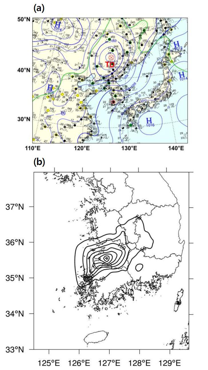 (a) Surface weather chart for 0900 KST 9 August 2011, and (b) 24-h accumulated rainfall amount for 0000 KST 9 – 0000 KST 10 August 2011.