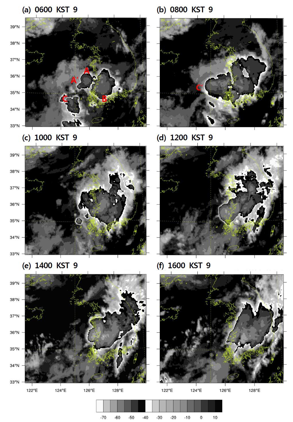 Enhanced IR images for 0600 KST 9 through 1600 KST 9 August 2011.