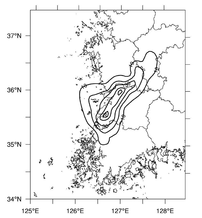 Hourly rainfall amount (mm) for 0900-1000 KST 9 August 2011.