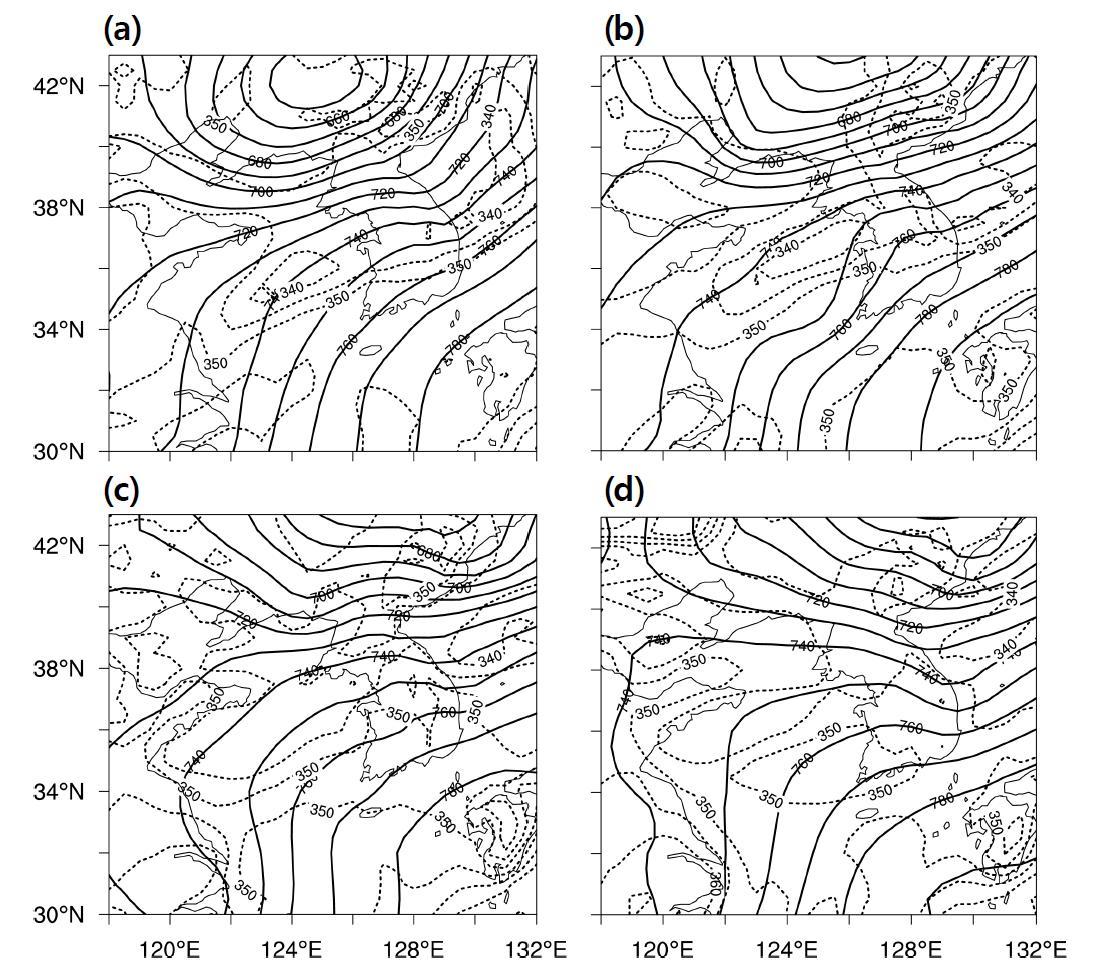 NCEP CFSR reanalysis for 925 hPa for (a) 0300 KST, (b) 0900 KST, (c) 1500 KST, and (d) 2100 KST 9 August 2011.