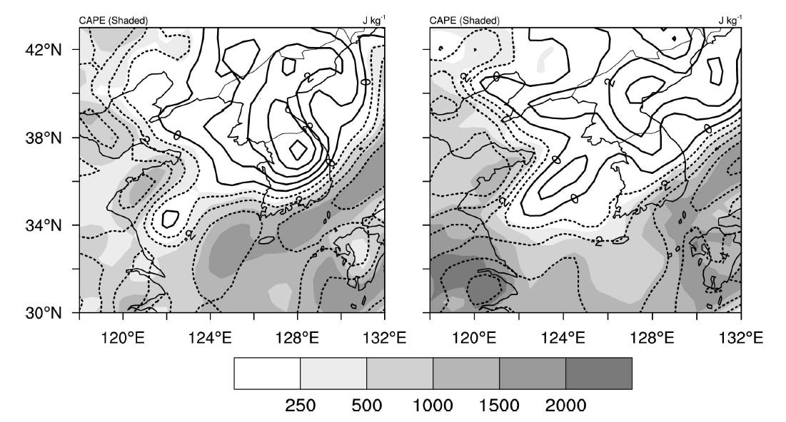 Convective available potential energy (shading) and Lifted Index (solid and dashed lines for positive and negative values, respectively) from CFSR reanalysis for (a) 0300 KST, and (b) 0900 KST 9 August 2011.