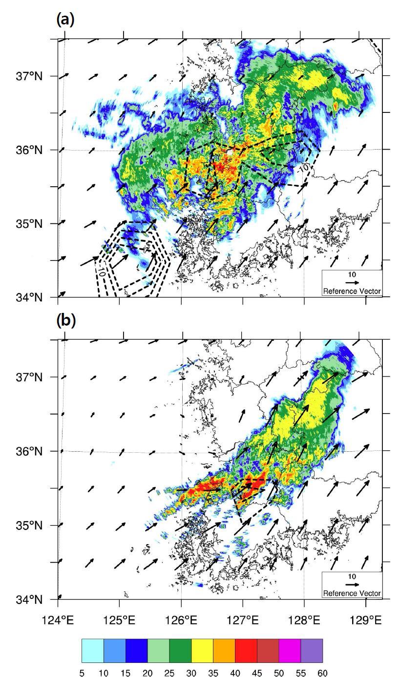 Radar reflectivity and 850-hPa fields from NCEP CFSR reanalysis for (a) 0900 KST and (b) 1500 KST 9 August 2011.