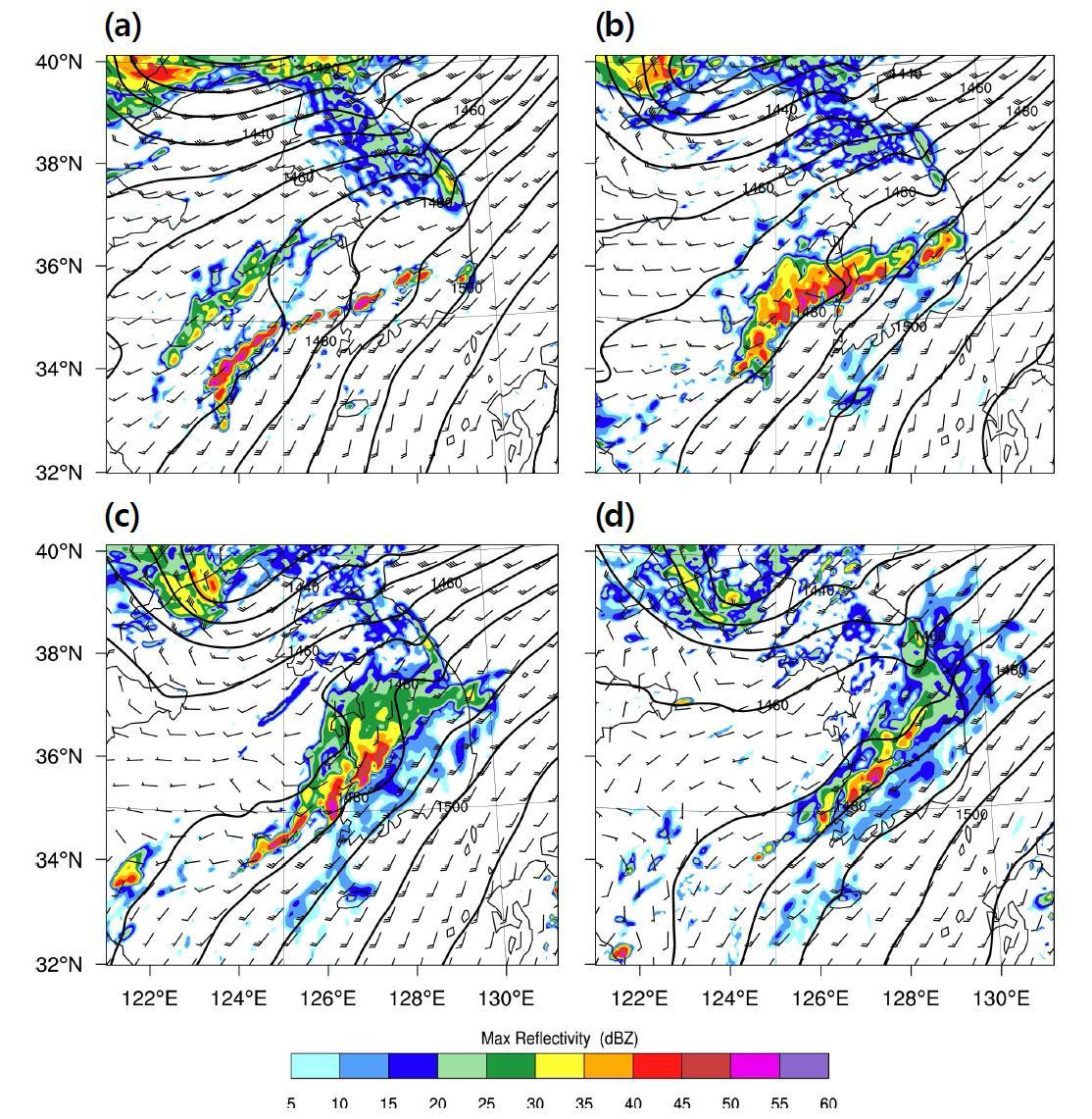 Simulated 850-hPa height (solid lines), winds and reflectivity (shaded) from CTRL for (a) 0600 KST, (b) 0900 KST, (c) 1200 KST and (d) 1500 KST 9 August 2011.