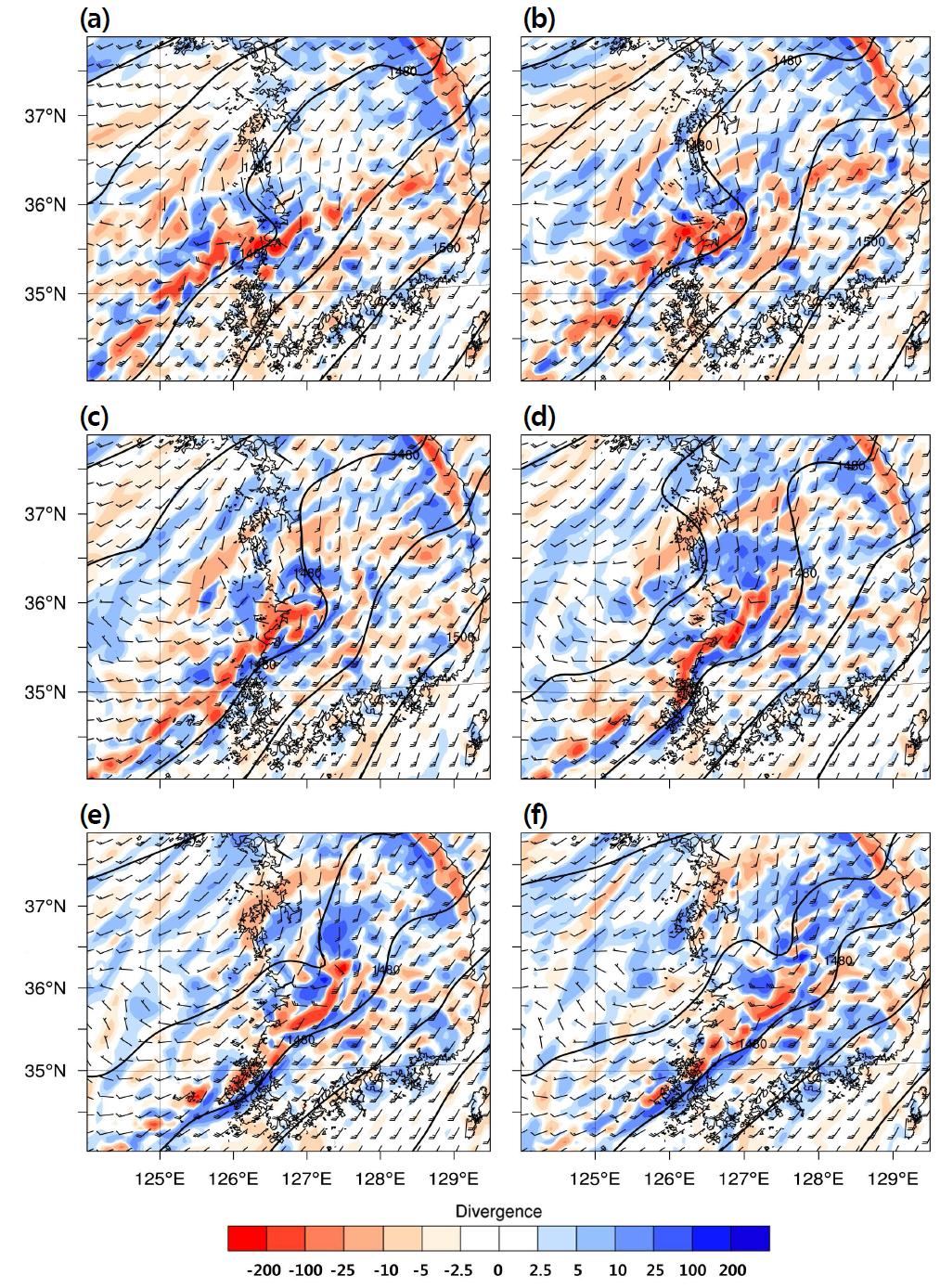 Geopotential height (m), wind vectors and divergence (×10-5 s-1, shaded) at 850-hPa.