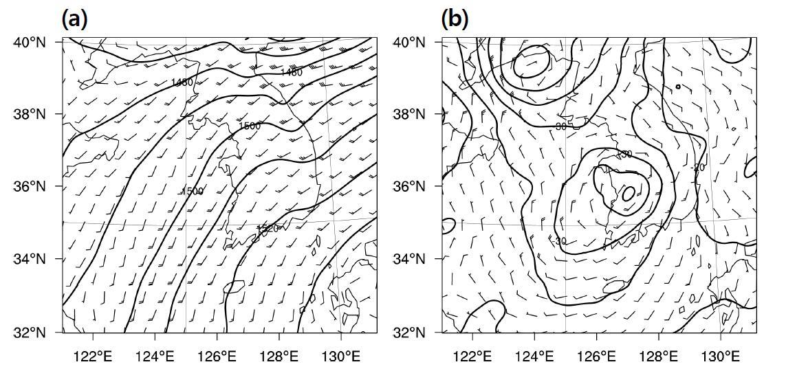 (a) Simulated 850-hPa height (solid lines) and winds from NoLH experiment, and (b) difference between CTRL and NoLH experiments (CTRL-NoLH) in height (solid lines) and wind vector for 1200 KST 9 August 2011.
