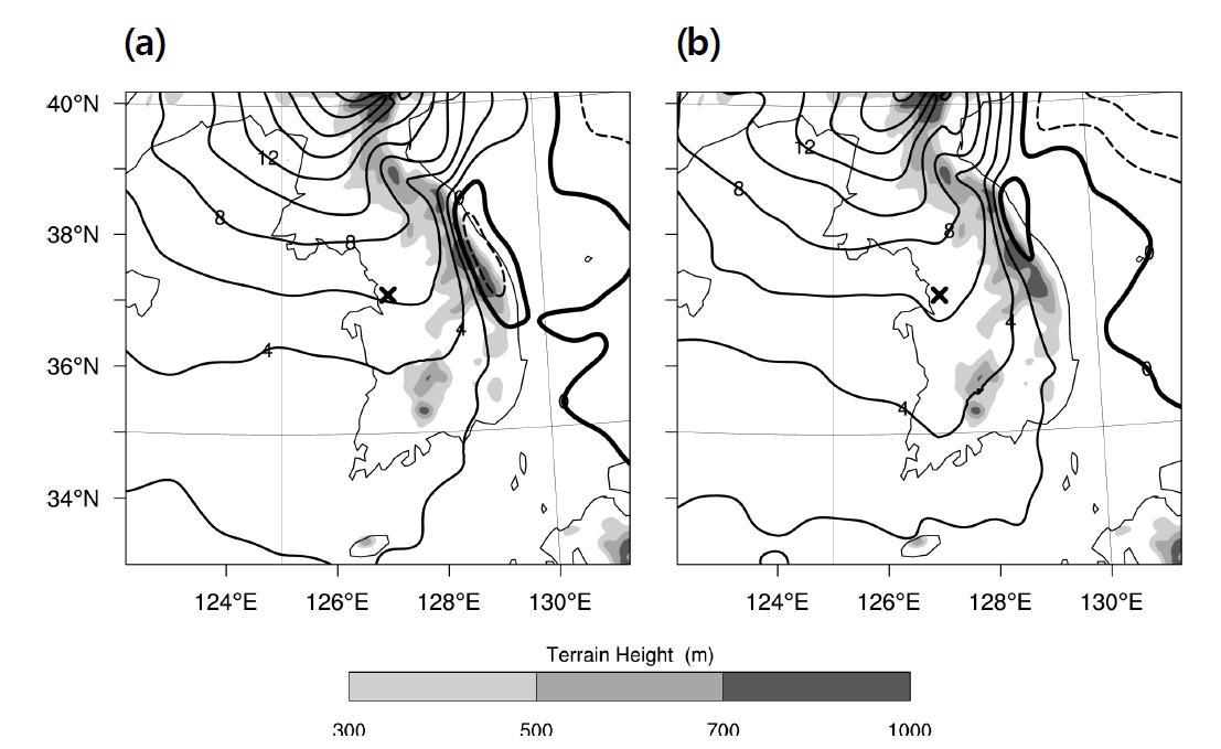 Difference between noLH and FTnoLH experiments in 850-hPa height for (a) 0900 UTC and (b) 1200 KST 9 August 2011.