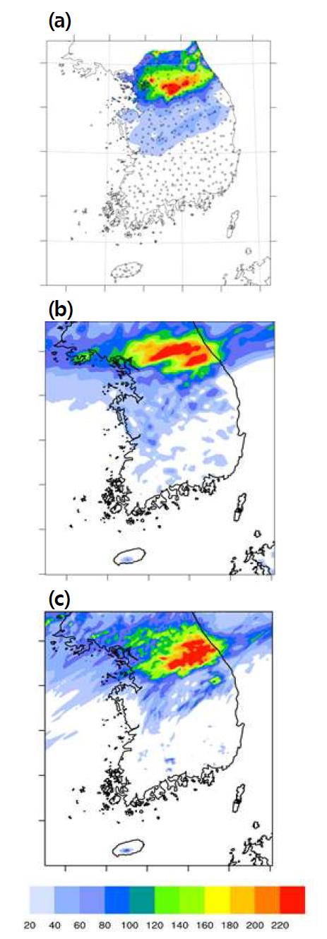 24-h accumulated rainfall amount from (a) AWS data, (b) 6-km grid simulation, and (c) 2-km grid simulation for 1200 KST 26 – 1200 KST 27 June 2005 (CC19).