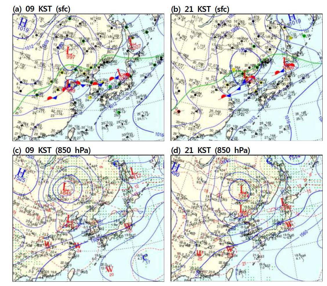 Surface and 850 hPa weather chart for (a), (c) 09 KST and (b), (d) 21 KST 14 August 2010.