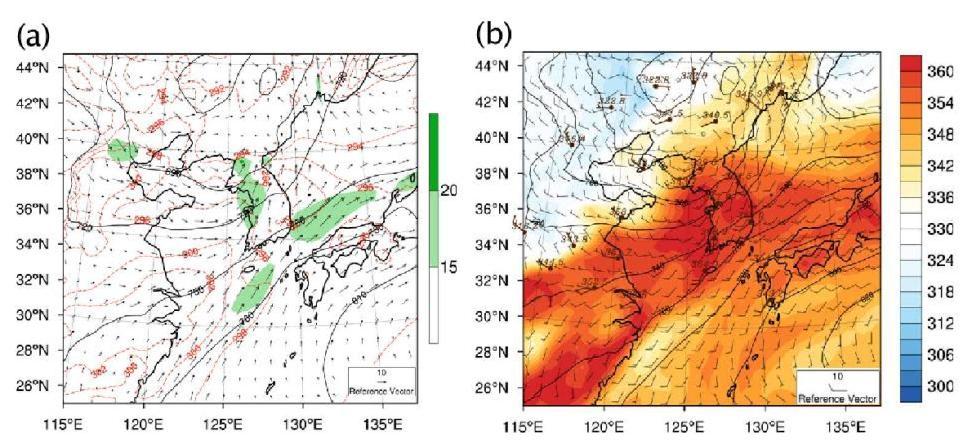 (a) Geopotential height (gpm, solid lines), temperature (K, red dashed lines), winds (m s-1, vector) at 925 hPa and (b) equivalent potential temperature (K, shade) at 925 hPa