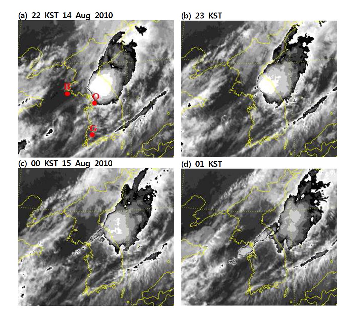 Enhanced IR images for (a) 22 KST, (b) 23 KST 14, (c) 00 KST, and (d) 01 KST 15 Aufust 2010. Red circles in (a) indicate locations of Bangnyeong-do (B), Osan (O), and Gwangju (G) site, respectively.
