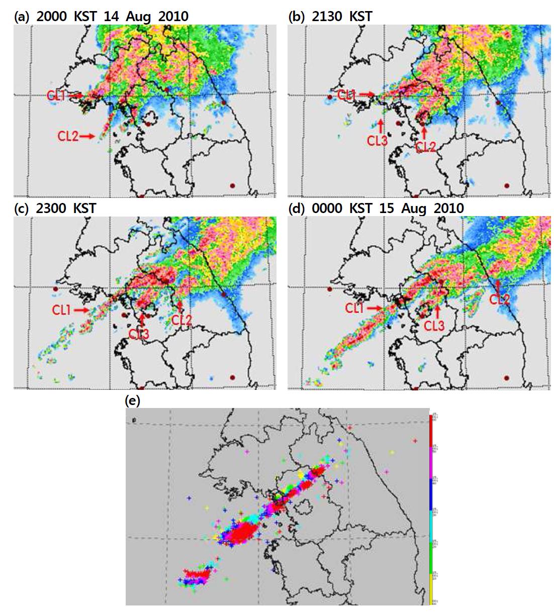 (a)-(d) Composite radar images from 2000 KST 14 to 0000 KST 15 August 2010, and (e) lightening distribution during 00-01 KST 15 August 2010.