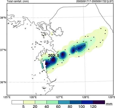 Accumulated rainfall amount distribution from AWS during 17 KST-22 KST 17 September 2005.