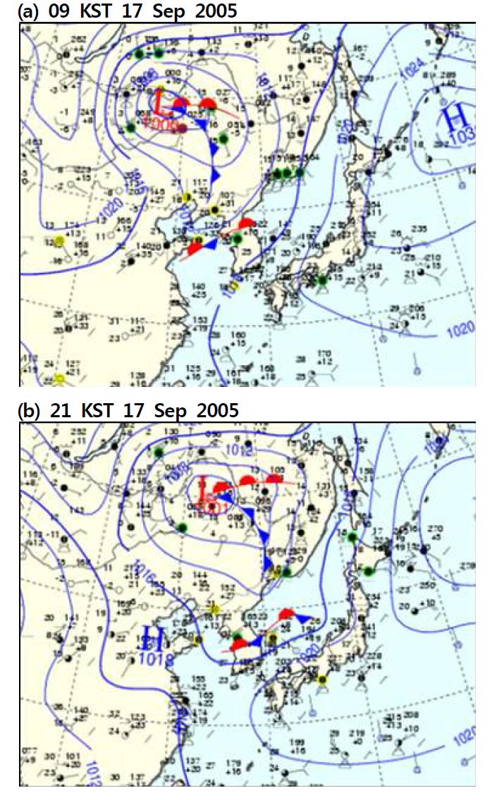 Surface weather chart for (a) 09 KST and (b) 21 KST 17 September 2005.