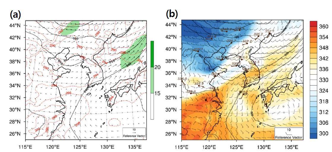 (a) Geopotential height (gpm, solid lines), temperature (K, red dashed lines), winds (m s-1, vector) at 925 hPa and (b) equivalent potential temperature (K, shade) at 925 hPa for 21 KST 17 September 2005.