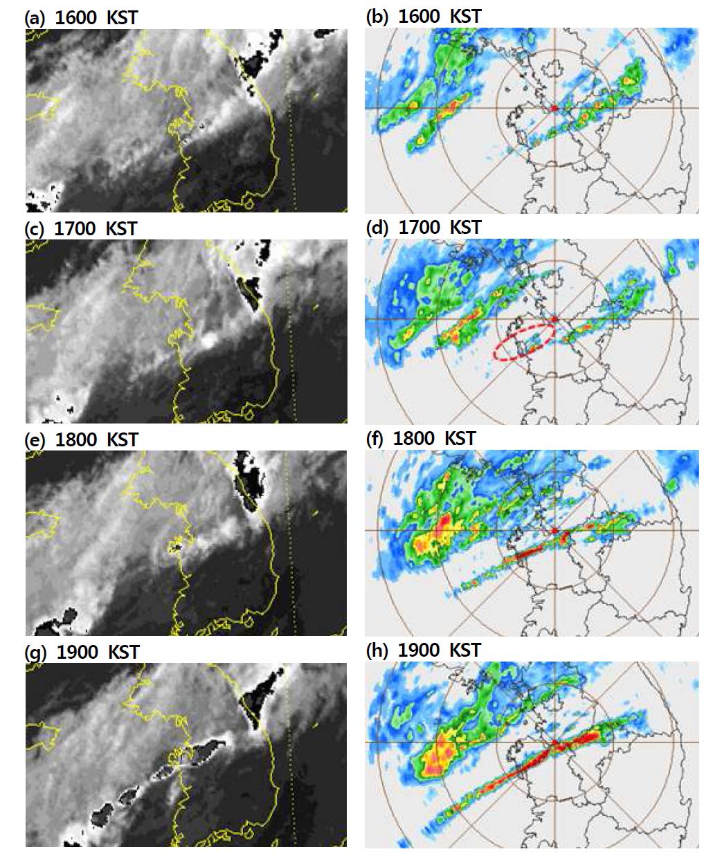 Enhance IR images (left panels) and RKSG radar reflectivity (right panels) for (a), (b) 16 KST, (c), (d) 17 KST, (e), (f) 18 KST, (g), (h) 19 KST 17 September 2005. Red ellipse in (d) indicates the location where the convective cell is initiated.