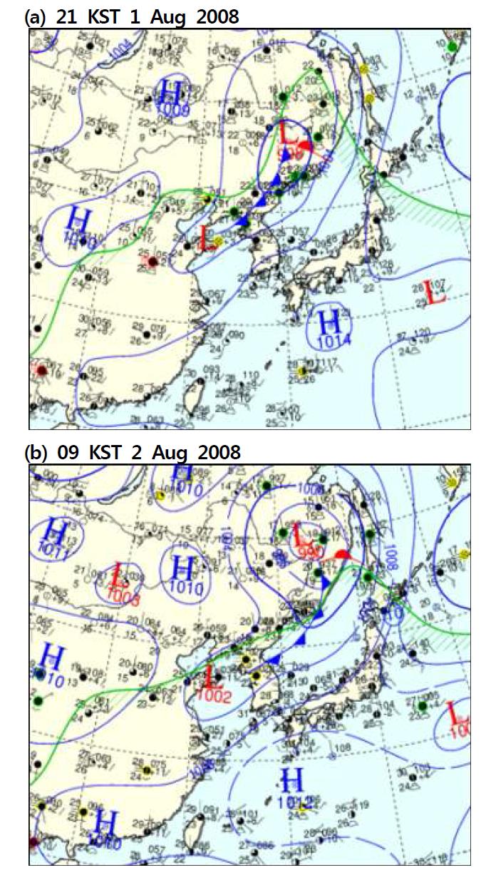 Surface weather chart for (a) 21 KST 1 and (b) 09 KST 2 August 2008.