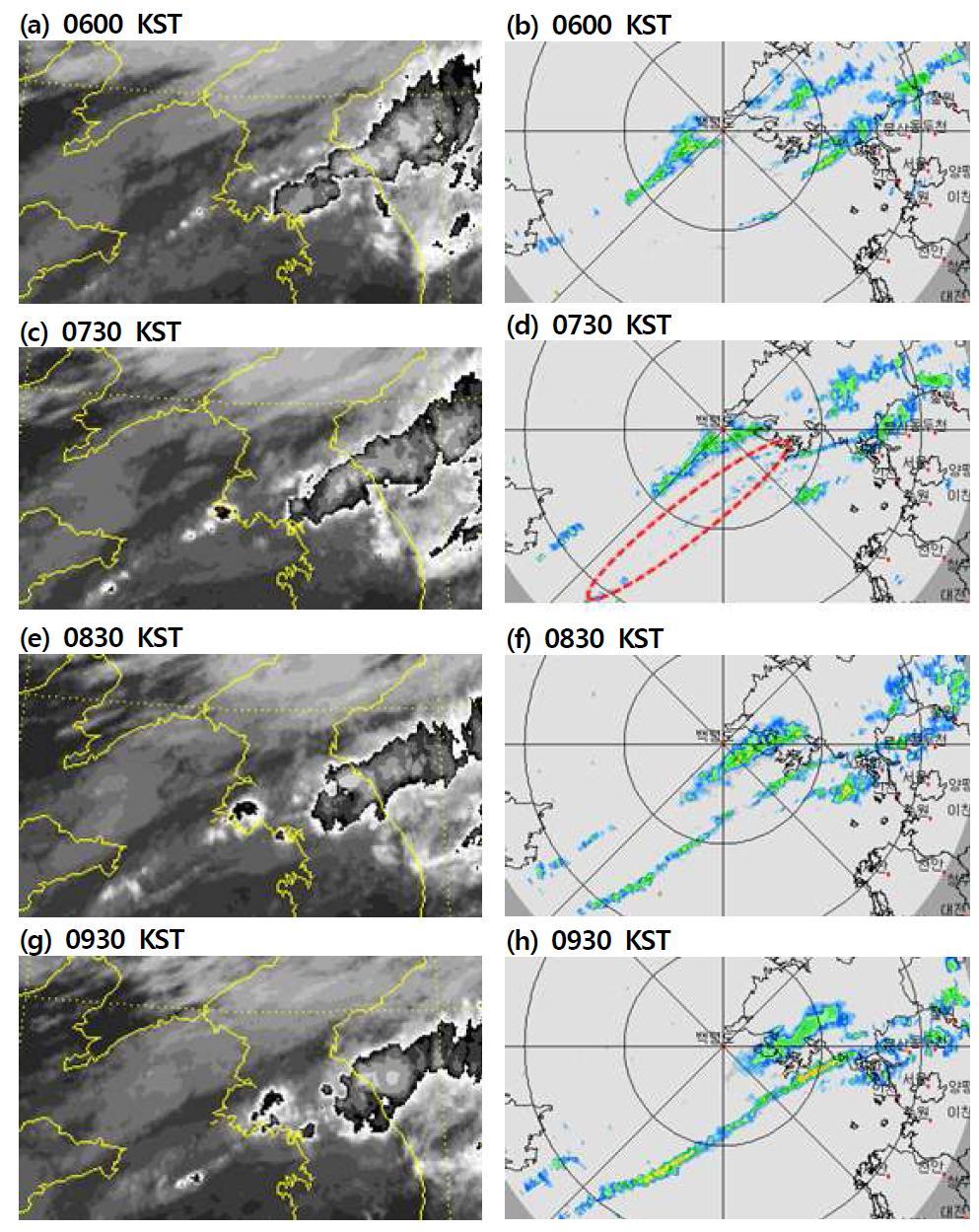 Enhance IR images (left panels) and BRI radar reflectivity (right panels) for (a), (b) 0630 KST, (c), (d) 0730 KST, (e), (f) 0830 KST, (g), (h) 0930 KST 2 August 2008.