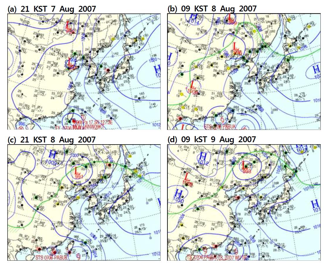 Surface weather charts for (a) 21 KST 7, (b) 09 KST 8, (c) 21 KST, and (d) 09 KST 9 August 2007.