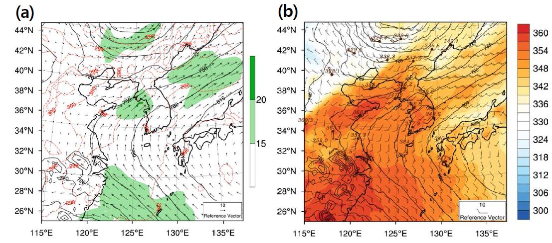 (a) Geopotential height (gpm, solid lines), temperature (K, red dashed lines), winds (m s-1, vector) at 925 hPa and (b) equivalent potential temperature (K, shade) at 925 hPa for 09 KST 9 August 2007.