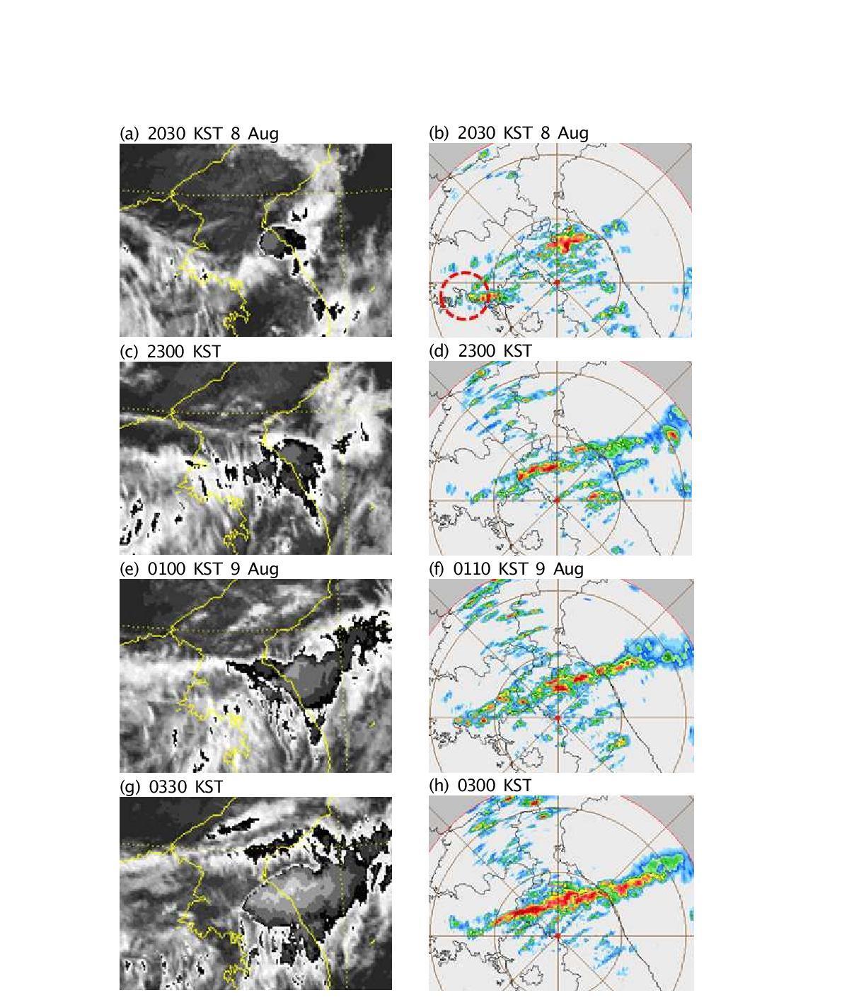 Enhanced IR images (left panels) and RKSG radar reflectivity (right panels) from (a), (b) 2030 KST 8 August to (g), (h) 0330 KST 9 August 2007.