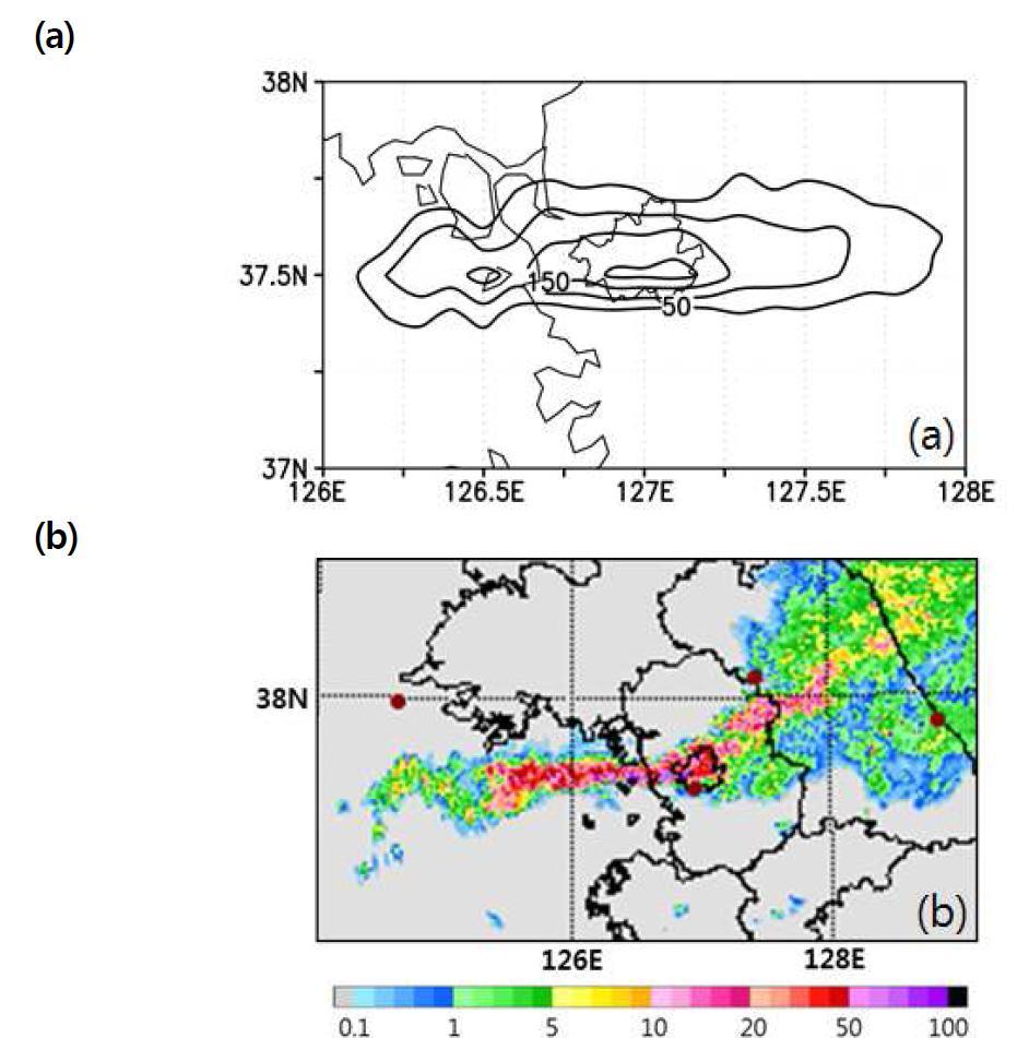 (a) Accumulated rainfall amount (mm 5 hrs-1) for 1200 − 1700 KST September 21, 2010, (b) Hourly rainfall rate (mm hr-1) from radar observation at 0400 UTC.