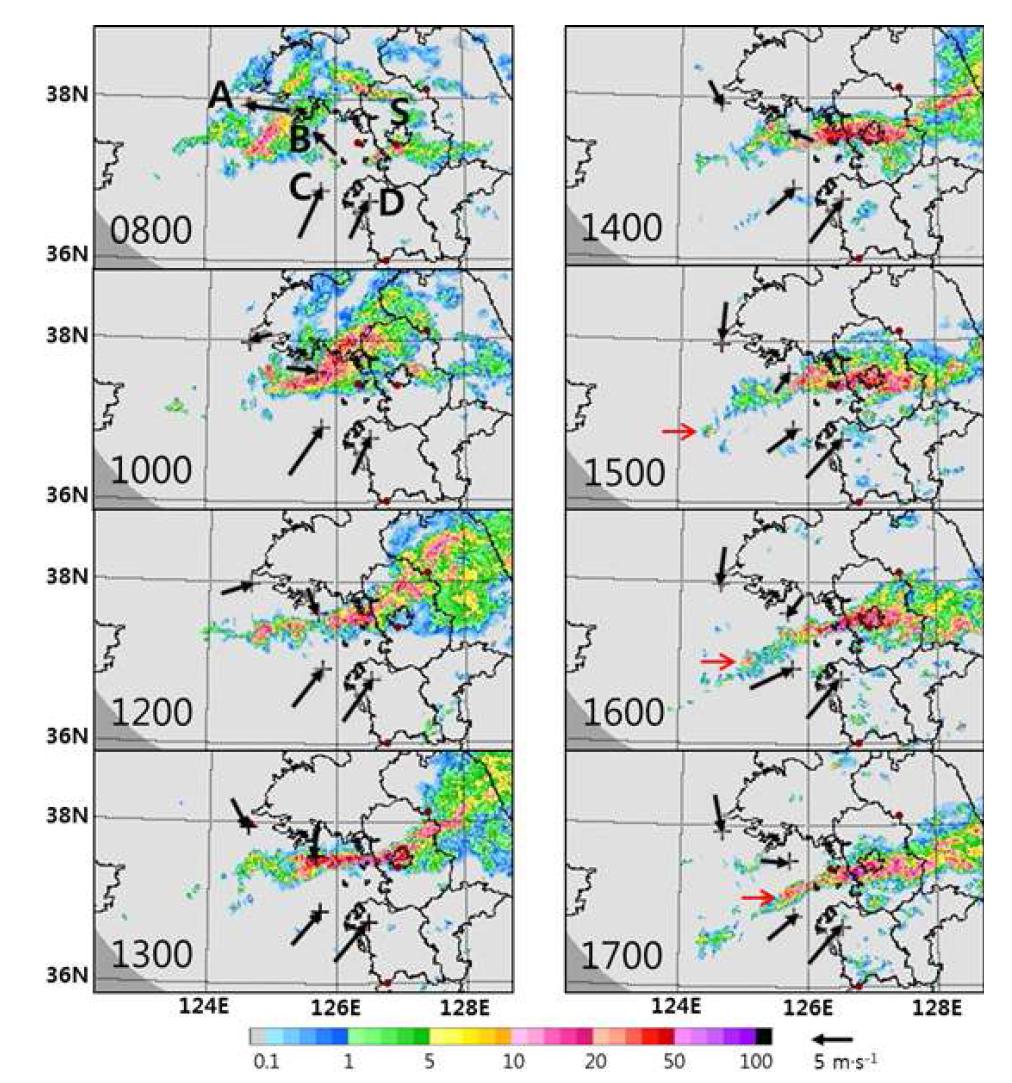 Rainfall rate (mm hr-1) from radar observations from 0800 KST to 1700 KST 21 September 2010. Surface wind vectors are from AWS at Baengyeongdo (A), Yeonpyeongdo (B), Mokdukdo (C) and Seosan (D). S indicates the boundary of Seoul city.