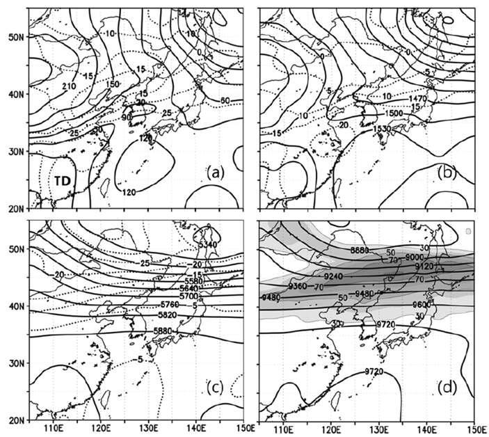 Constant pressure charts for (a) 1000 hPa, (b) 850 hPa, (c) 500 hPa and (d) 300 hPa at 0900 KST 21 September 2010. Solid and dashed lines are for geopotential height (m) and temperature (〫℃), respectively.