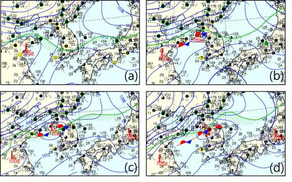 Surface weather charts at (a) 0600 KST, (b) 0900 KST, (c) 1200 KST and (d) 1500 KST 21 September 2010.