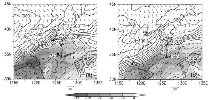 Horizontal winds and equivalent potential temperature at 925 hPa (  ) (solid line) and the difference of  between 500 and 925 hPa ( −  ) (shaded) at (a) 0900 KST and (b) 1500 KST 21 September 2010.