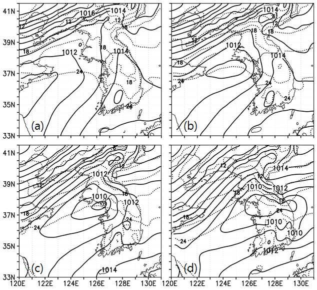 Simulated sea-level pressure (hPa, solid line) and temperature (℃, dotted line) in domain D2 at (a) 06 KST, (b) 09 KST, (c) 12 KST and (d) 15 KST 21 September 2010