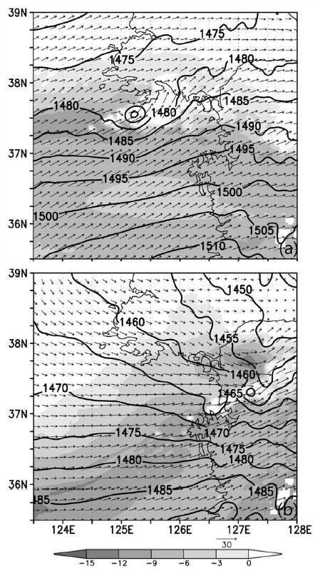 Simulated geopotential height (m, solid line) and wind vectors at 850 hPa, and  (500 hPa)− (925 hPa) (shading) in domain D3 at (a) 0900 KST and (b) 1500 KST 21 September 2010.