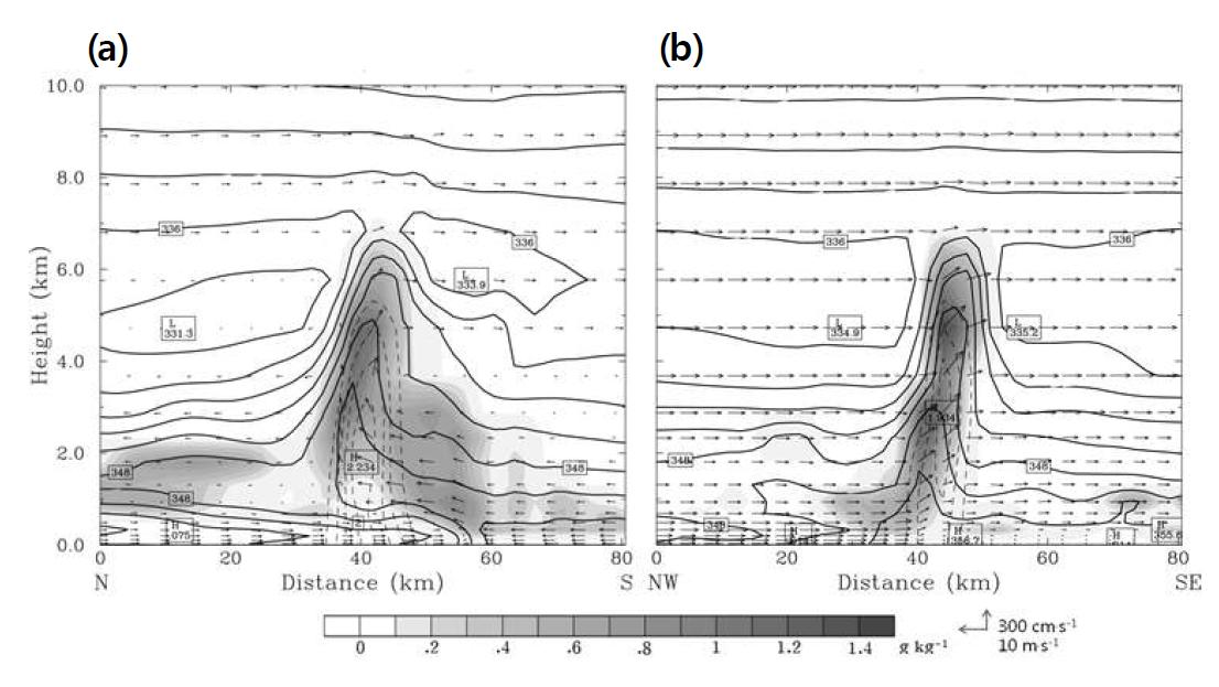 Cross section of simulated vertical circulation associated with the front and convective systems at (a) 1000 KST and (b) 1600 KST 21 September 2010. Wind vectors (horizontal wind velocity parallel to the plane and vertical velocity), equivalent potential temperature (solid line), total cloud mixing ratio (shading) and rain water mixing ratio (dashed line).