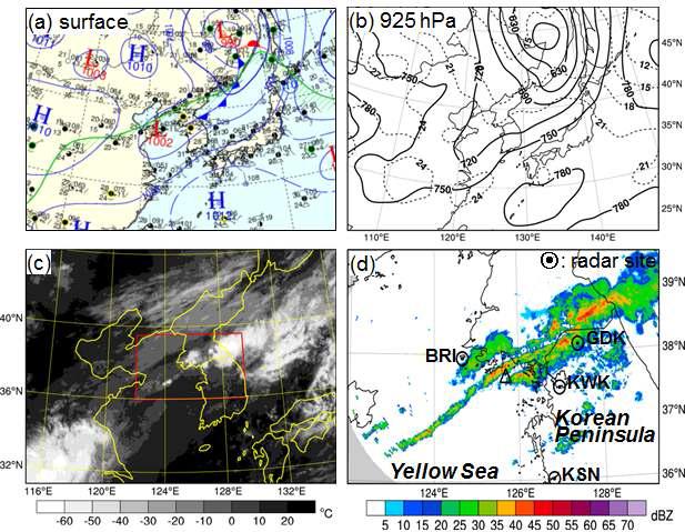 (a) Surface weather chart, (b) 925 hPa geopotential height and temperature from FSR, (c) MTSAT-1R image, and (d) CAPPI 1.5 km radar image for 0900 KST 2 August 2008