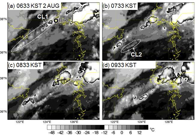 MTSAT-1R imageries for (a) 0633, (b) 0733, (c) 0833, and (d) 0933 KST 2 August 2008.