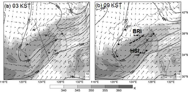 Geopotential height (solid, gpm),  (shade, K), wind field (vector, m s−1), and rawinsonde winds (barb, knots) at 925 hPa for: (a) 0300 KST, and (b) 0900 KST 2 August 2008. The thin solid line in (a) represents the location of cross sections in Fig. 3.1.30, and the thick dashed line in (b) indicates the location of the CB at 0900 KST 2 August 2008.