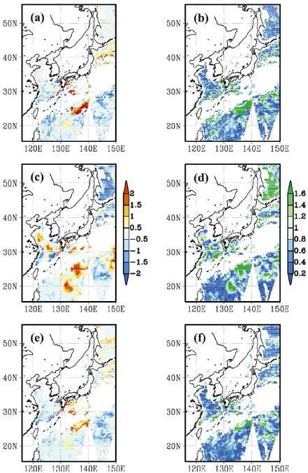 AMSR-E와의 bias 및 RMSD: (a, b) MTSAT-1R, (c, d) CTL, (e, f) DA-2 (2008년 6월 5일).
