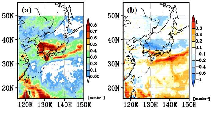 TMPA 시간당 강수, (b) CTL 시간당 강수 bias