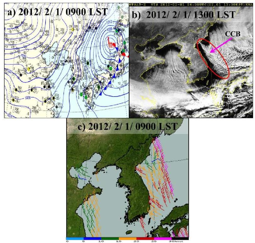 (a) Surface synoptic chart at 0900 LST 1 February 2012, (b) The MTSAT-2 satellite visible image at 1300 LST 1 February 2012 and (c) The ASCAT/Ocean wind satellite composited image at 0900 LST 1 February 2012.