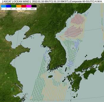 The ASCAT/Ocean wind satellite composited image at 0900 KST 10 January 2012.
