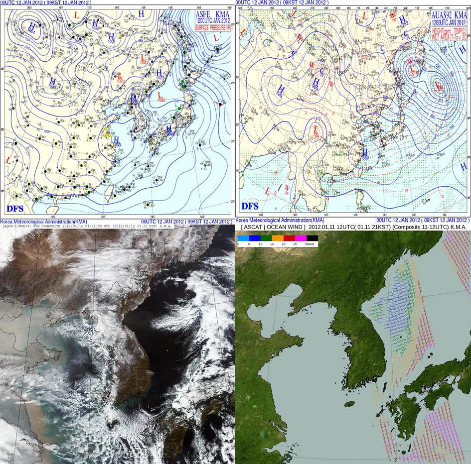 (a) Surface synoptic charts at 0900 KST 12 January 2012. (b) 925 hPa synoptic chart at 0900 KST 12 January 2012. (c) The AQUA-1/MODIS satellite RGB composited image at 1331 KST 12 January 2012. (d) The ASCAT/Ocean wind satellite composited image at 2100 KST 11 January 2012.