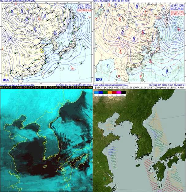(a) Surface synoptic charts at 0300 KST 29 January 2012. (b) 925hPa synoptic charts at 2100 KST 28 January 2012. (c) The MTSAT-2 satellite composited image at 0233 KST 29 January 2012. (d) The ASCAT/Ocean wind satellite composited image at 2100 KST 28 January 2012.
