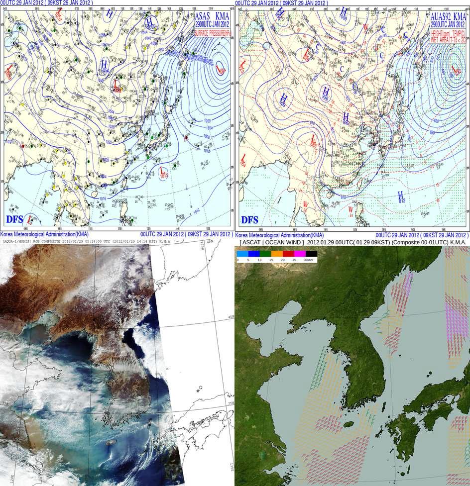 (a) Surface synoptic charts at 0900 KST 29 January 2012. (b) 925hPa synoptic charts at 0900 KST 29 January 2012. (c) The AQUA-1/MODIS satellite RGB composited image at 1414 KST 29 January 2012. (d) The ASCAT/Ocean wind satellite composited image at 0900 KST 29 January 2012.