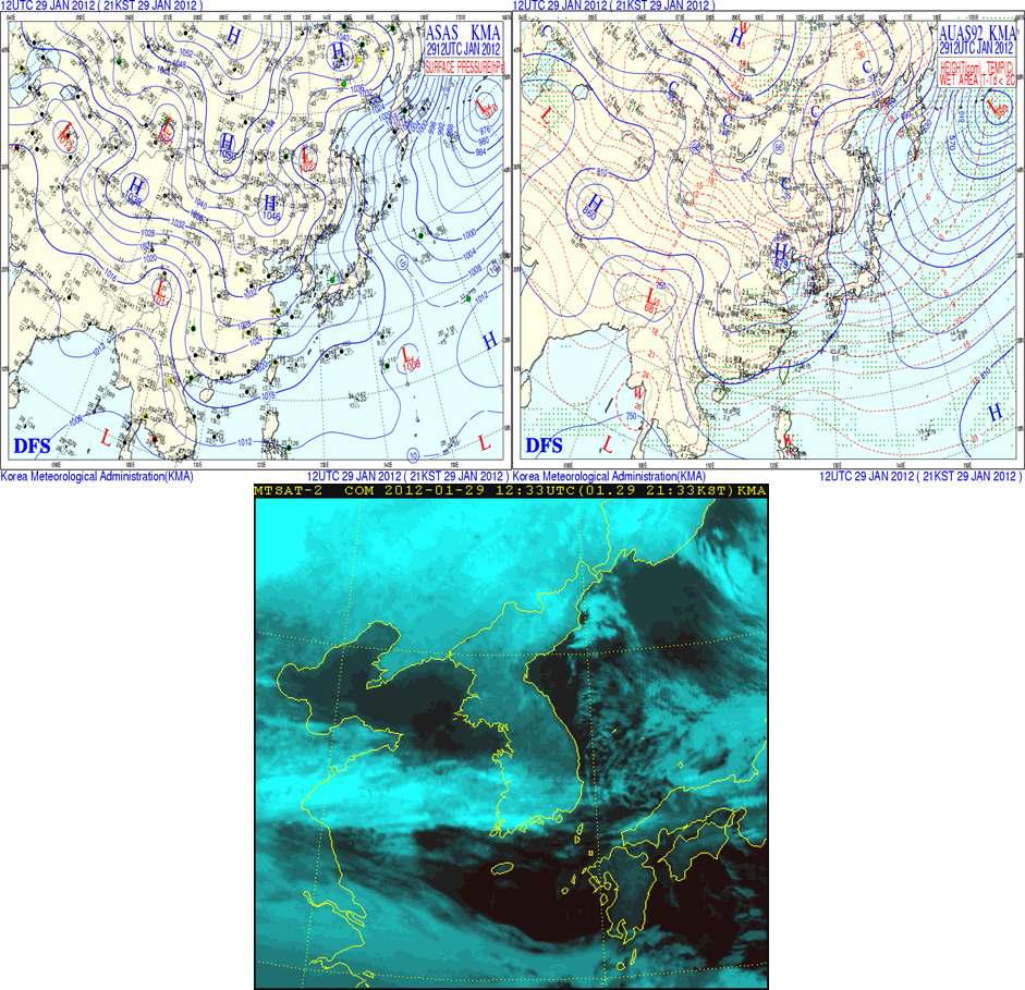 (a) Surface synoptic charts at 2100 KST 29 January 2012. (b) 925 hPa synoptic charts at 2100 KST 29 January 2012. (c) The MTSAT satellite composited image at 2133 KST 29 January 2012.
